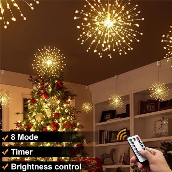 Firework Lights 200LED Copper Wire Starburst Light,8Modes Battery Operated Fairy - Picture 4 of 6